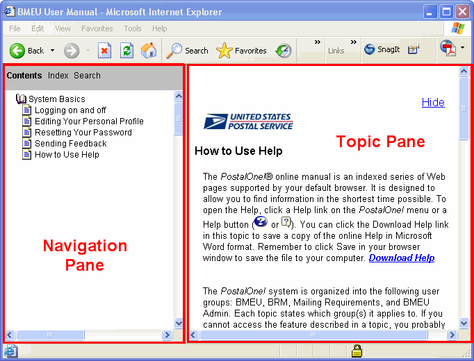 Online Help window, with the Navigation and Topic panes marked